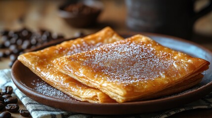 Golden pastries dusted with sugar on a plate, coffee beans in background