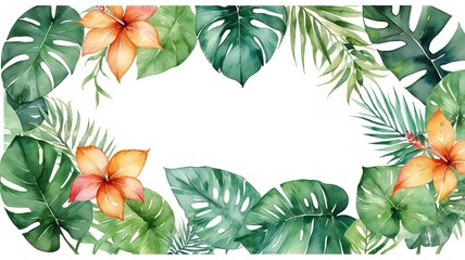 Obraz premium Watercolor of tropical leaves frame on a white background, border design.