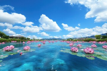 Pink Lotus Flowers on a Serene Blue Waterway under a Sunny Sky