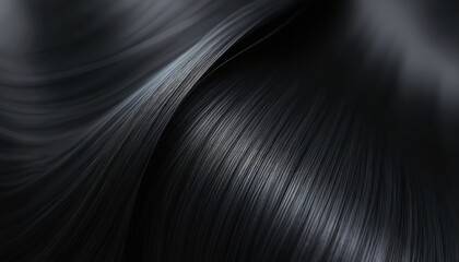 Close-up of smooth, glossy black hair texture. Shiny strands flow, creating sense of luxury. Ideal for hair care, beauty, fashion. Perfect for products, ads. Elegance, softness, healthy hair, hair