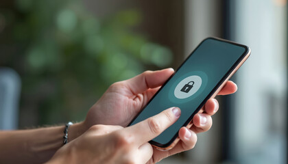 Person using smartphone for secure login with two-factor authentication. Mobile phone with lock icon. Digital security concept. Protecting personal data, online privacy, financial transactions,