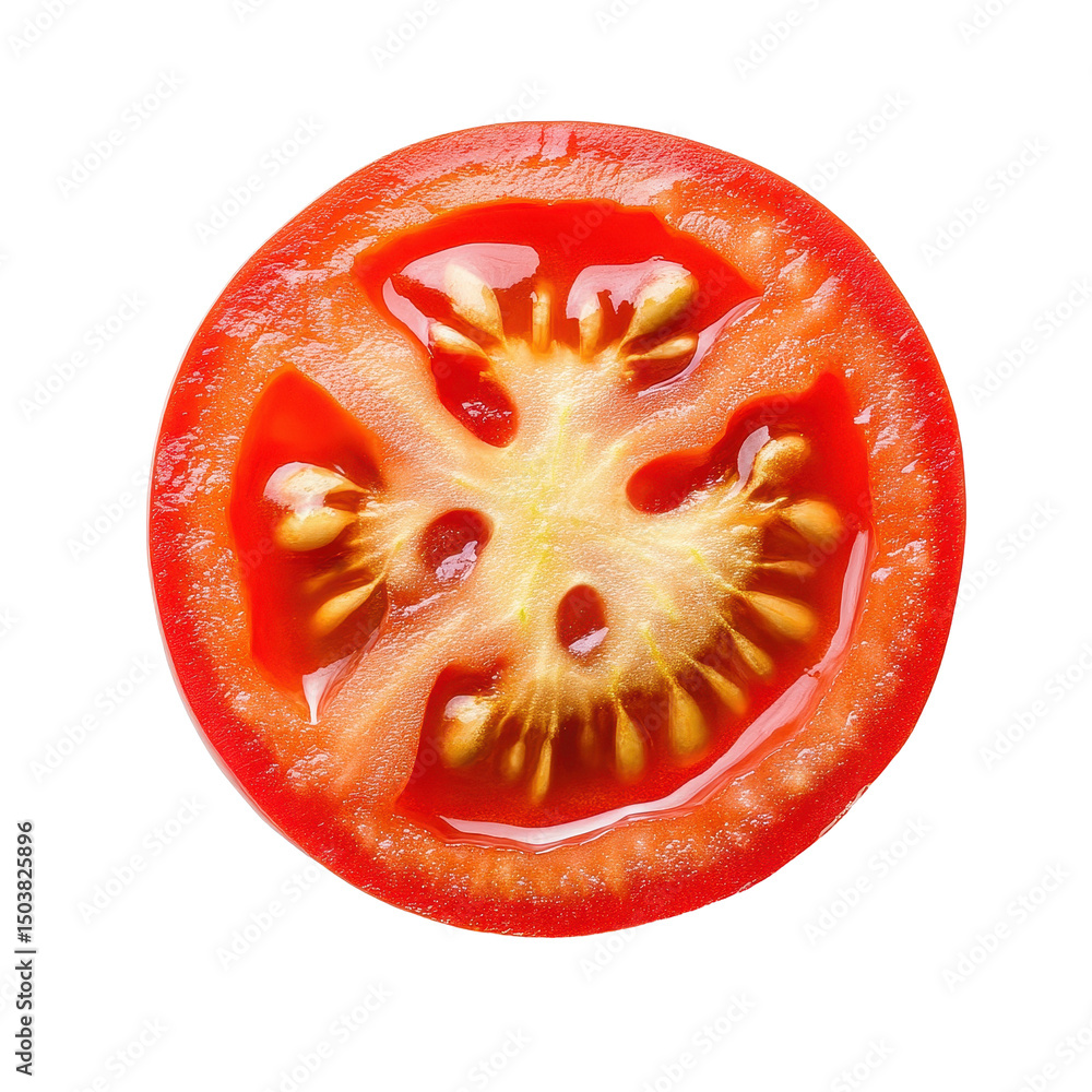 Poster bright red tomato slice isolated on transparent background showcasing fresh texture and seeds, tomat
