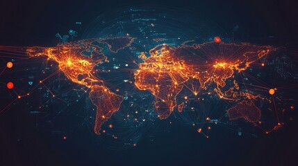 Glowing world map with connections and data points in a digital network visualization style