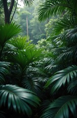 Fototapeta premium Tropical forest panoramic view with vibrant green palm leaves, wild jungle trees, exotic plants. Dense foliage, serene atmosphere creating ecosystem in paradise. Ideal for nature, travel,