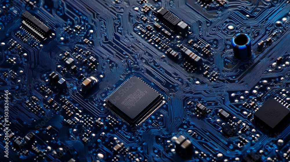 Aufkleber close up of a blue circuit board with integrated chips and intricate wiring patterns visible through