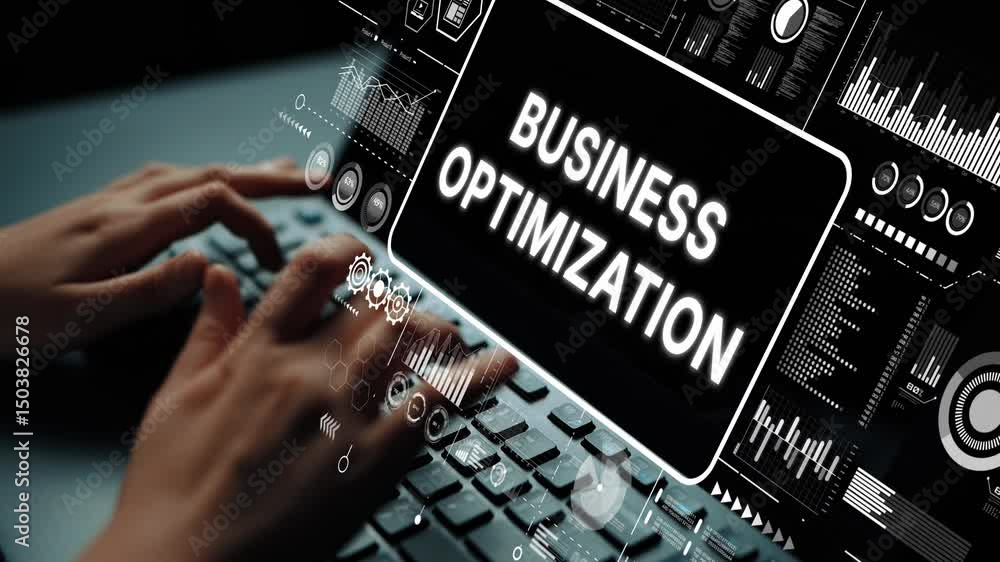Poster hands typing on a keyboard with business optimization concept displayed on a screen, digital analyti