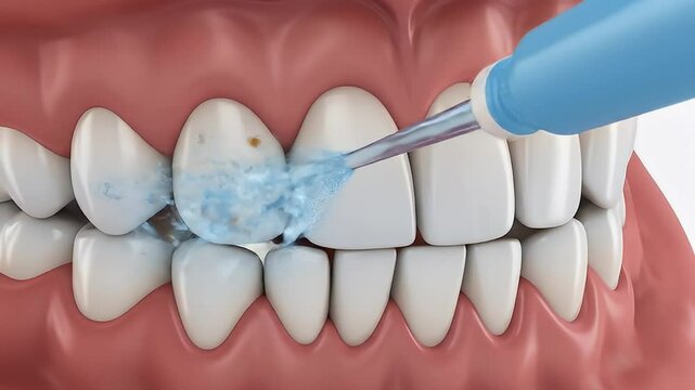 Dental water flosser cleaning plaque from teeth. 4K Video