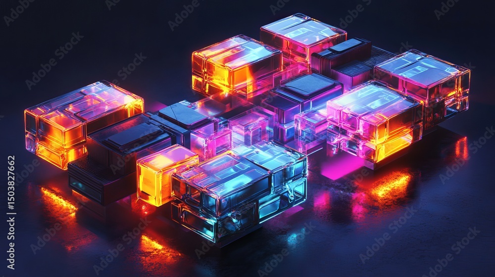 Poster abstract arrangement of glowing cubes with vibrant colors on a dark reflective surface design render