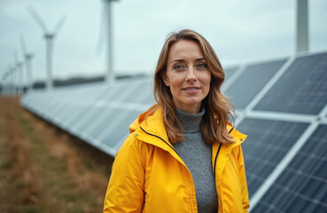 Fototapeta premium Woman wearing yellow jacket stands front of renewable energy sources like wind turbines solar panels. Concept of green energy eco lifestyle, eco-friendly tech. Industry of future clean power