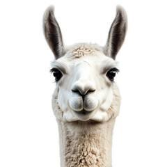 Obraz premium Cute lama with fluffy white fur and expressive eyes against a clean Transparent background, Cute lama. PNG background