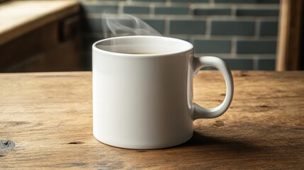 white coffee mug, steaming hot coffee, on wood table, flat frontal lighting, 16:9