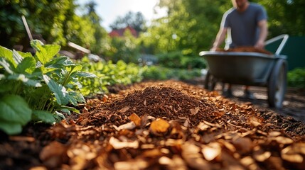 Man adding mulch to garden beds