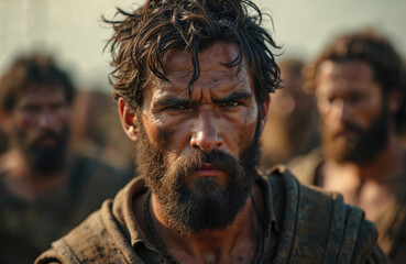 Portrait of David from biblical tale. Young man with beard. Face covered with mud. Warrior, shepherd, courageous Israelite. Courage, faith, challenge, triumph, battle, war, hero, strength, religious
