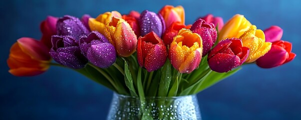 Colorful Tulips Bouquet in a Glass Vase with Dew Drops - Photo