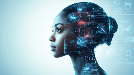 Profile of a woman with digital overlay showing data and technology elements on a light background