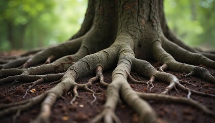 Obraz premium Close-up captures majestic tree root structure. Intricate pattern, organic growth, earthy details. Natural environment shows network of roots, biology, nature wonder, forest, outdoors.