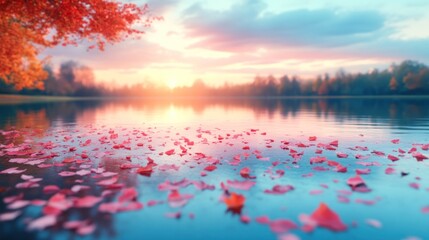 Peaceful Autumn Lake Sunset: Pink and Orange Leaves Reflecting on Calm Water