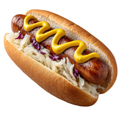 Hot dog with chili, sauerkraut, and mustard in bun isolated on transparent background