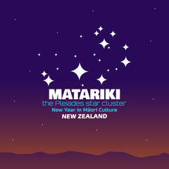 Naklejka premium Matariki day to celebrate on June. Illustration of the Pleiades star cluster with bold text above the mountains