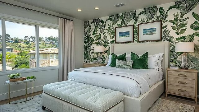 Tropical-themed bedroom with large windows