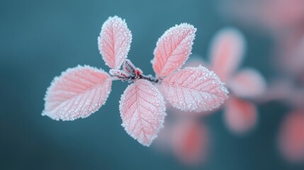 Frost Covered Pink Leaves Against Teal Background