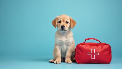 Cute puppy sitting near first aid kit on blue background. Veterinary concept. Red bag with white cross sign symbolizes medical care. Pet healthcare, safety. Emergency care for animals.