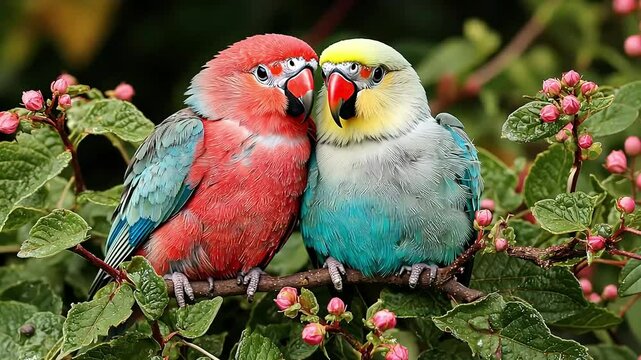 Two colorful parrots perched on a branch amidst blossoming flowers