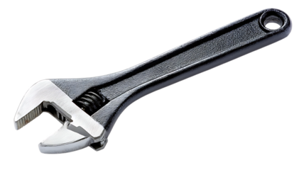 A metal pipe wrench. The wrench is open and sitting on a white background.