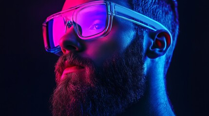 Bearded man with futuristic glasses illuminated by neon lights in a dark studio setting portrait