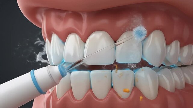 3D animation of water flosser cleaning human teeth. 4K Video