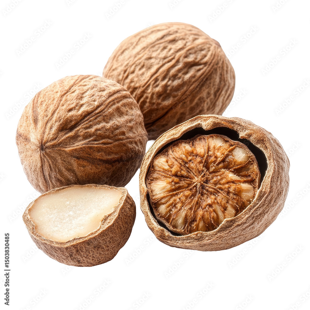 Poster nutmeg nuts isolated on a transparent background showcasing their unique texture and form, nutmeg is