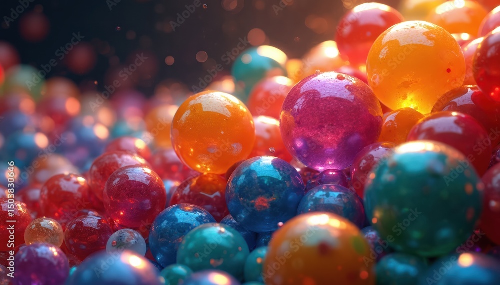 Poster mesmerizing abstract composition. glossy spheres reflect a spectrum of color, creating dynamic visua