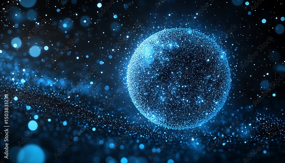 Poster abstract blue planet with particles. 3d rendering, 3d illustration.