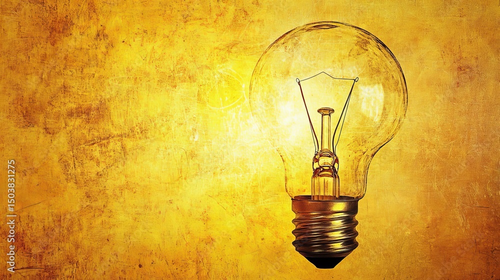 Poster illuminated lightbulb against a textured golden background creating a warm and inviting atmosphere