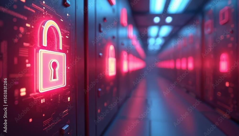 Poster digital security concept with lock symbol on tech background. futuristic data center with modern ser