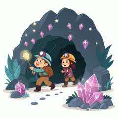 Create a bold-stroke vector illustration of a 2D cartoon treasure scene, featuring a chest, gold coins, and a mischievous cartoon character.