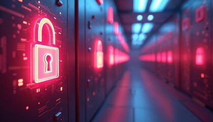 Digital security concept with lock symbol on tech background. Futuristic data center with modern server racks. Glowing padlock represents cybersecurity privacy, protection, encryption.