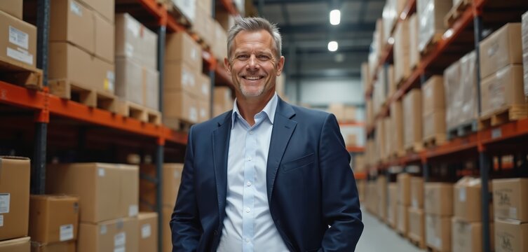 Smiling male operations director in warehouse oversees logistics, management, distribution. Warehouse shelves with boxes on pallets. Professional businessman in suit, managing team, leading industry,