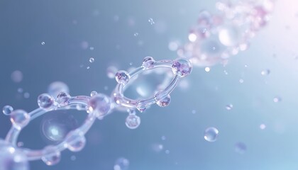Translucent molecular chain floating in serene blue environment. Transparent spheres, atoms create complex network. Digital illustration, scientific, medical, biotechnology, nanotechnology.