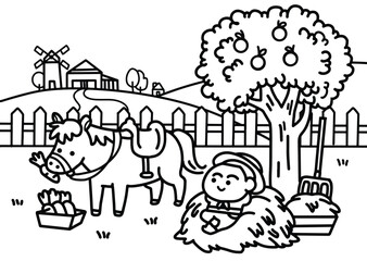 Boy at the horse farm coloring pages style.