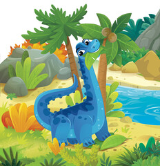 cartoon dinosaur land scene with animal dino in the jungle illustration for the children