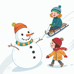 Create a bold-stroke, 2D vector cartoon winter scene featuring whimsical characters and snowy landscapes.  Illustrative style, vibrant colors.
