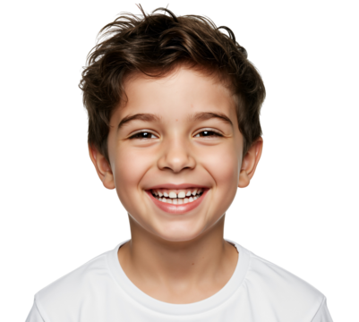 A Joyful Young Boy with Brown Hair Smiling Brightly Against a Dark Background in a Studio Portrait