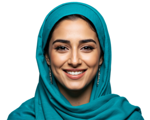Portrait of a Smiling Woman in a Turquoise Hijab Against a Dark Background, Radiating Confidence and Warmth with Her Engaging Smile
