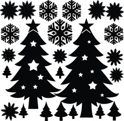 Christmas trees and snowflakes in black and white silhouette vector illustration