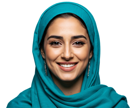 Portrait of a Smiling Woman in a Turquoise Hijab Against a Dark Background, Radiating Confidence and Warmth with Her Engaging Smile