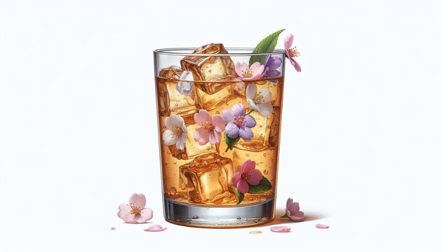 A realistic illustration of a glass of iced herbal tea with flower petals, isolated on a white background, 32 aspect ratio.jpg