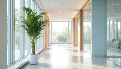 Bright modern office interior with large windows, minimalist design, natural light. Palm tree in white pot, sunlight creates shadows on the floor. Corporate business work space. Empty hall way.