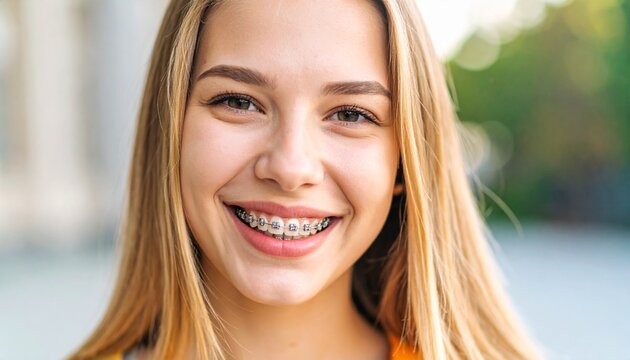 Primer Plano de Mujer Joven Sonriente con Brackets