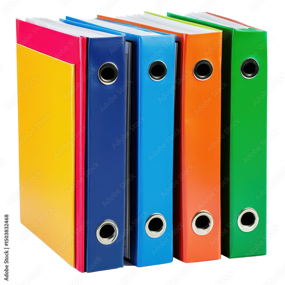 Aufkleber colorful office binders stacked on a transparent background for organizing documents and files effec